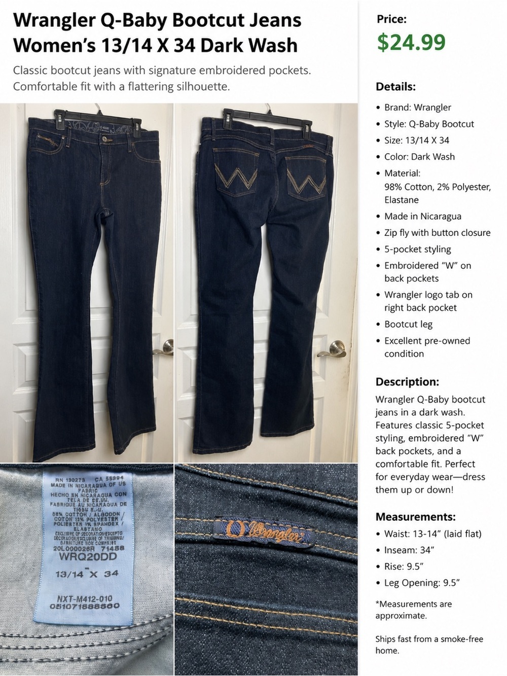Wrangler Q-Baby Bootcut Jeans Women’s Size 13/14 x 34 Dark Wash Stretch Denim